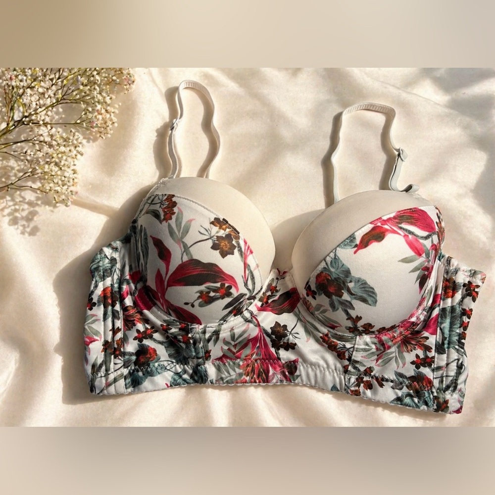 Floral Longline Bra White Pink Green Padded Underwire Lingerie Bustier Small